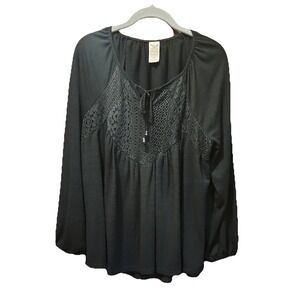 Womens Black Peasant Top 16-18 Puff Sleeve Lace Witchy Whimsigoth Drapey Boho